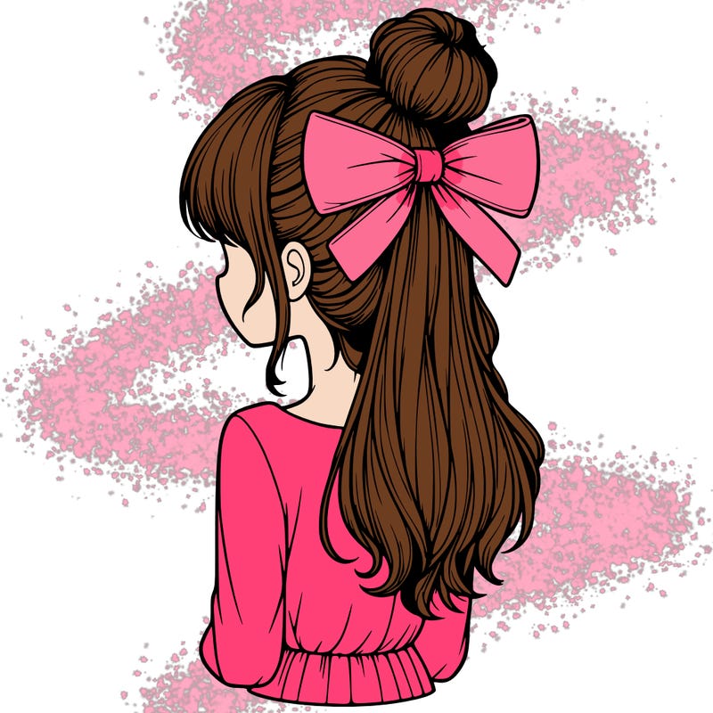 realistic girl  with hip length hair a bun and a big bow on the back of head