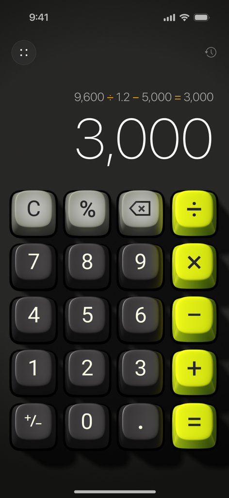 Basic Calculator with History - A 3D calculator interface with tactile lime green and dark grey buttons showing a calculation result