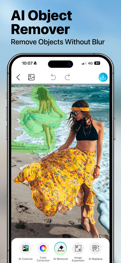 YouCam Enhance: Photo Enhancer - Schermata dell'app YouCam Enhance che mostra la funzione di rimozione oggetti AI per eliminare persone indesiderate da una foto da spiaggia