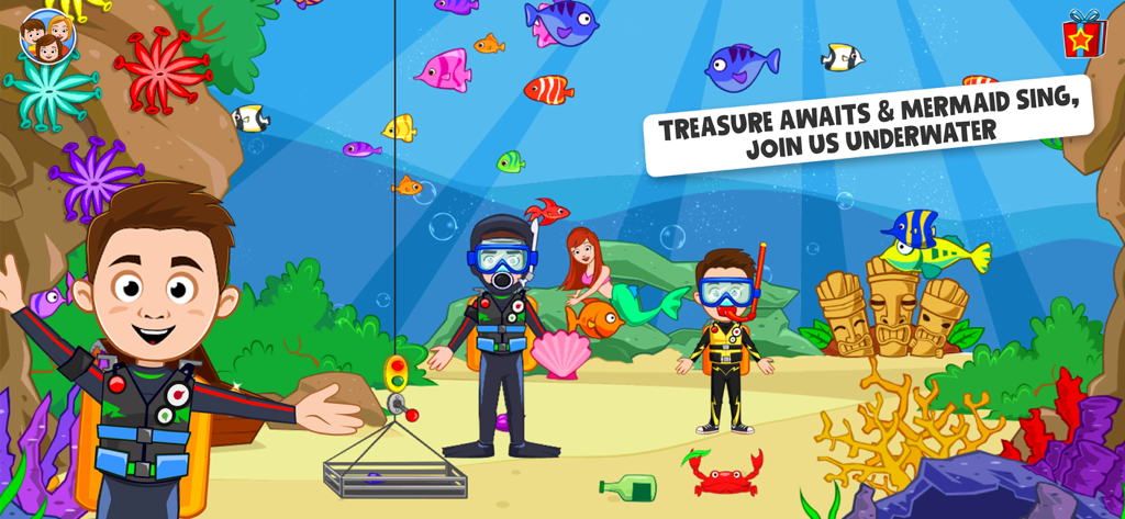 Cartoon characters in scuba gear exploring an underwater world with a mermaid and colorful fish.