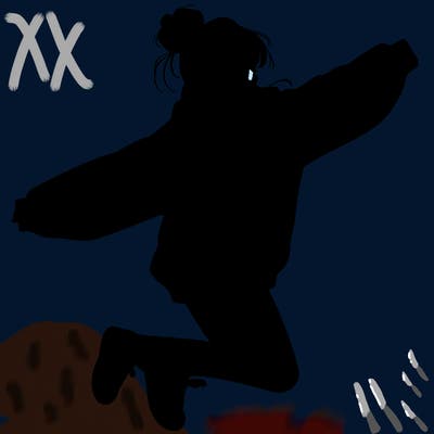 realistic girl jumping with a bun and oversized sweatshirt