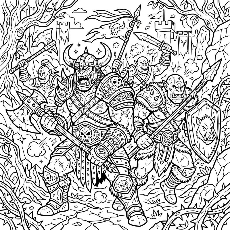 Step into a world of fantasy with this dynamic coloring page featuring a fearsome group of Green Orcs. Designed for teens, it offers intricate details and an exciting scene to bring to life with your favorite colors.