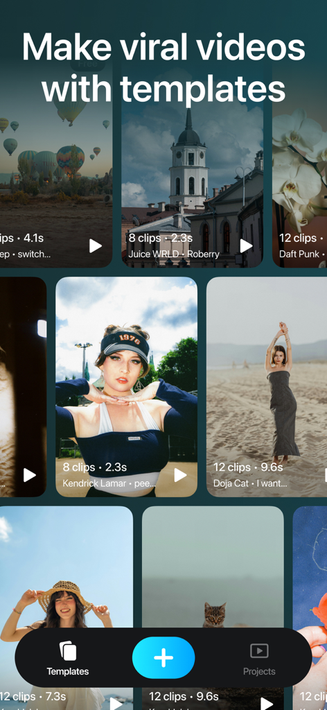 SnapCut: AI Video Editor Maker - SnapCut app interface showing a collection of video templates for creating viral social media content