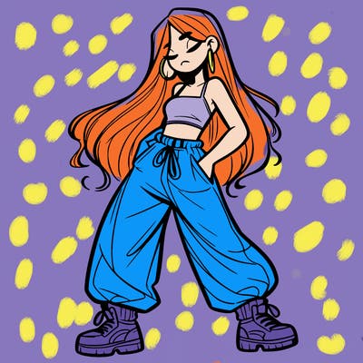 girl in baggy pants crop top and long hair
