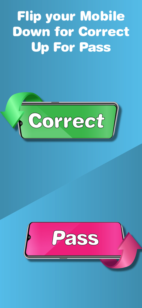 Charades – Headbands Game - Pantalla de tutorial para Charades Headbands Game mostrando que inclinar el teléfono hacia abajo marca una palabra como correcta e inclinarlo hacia arriba la pasa.