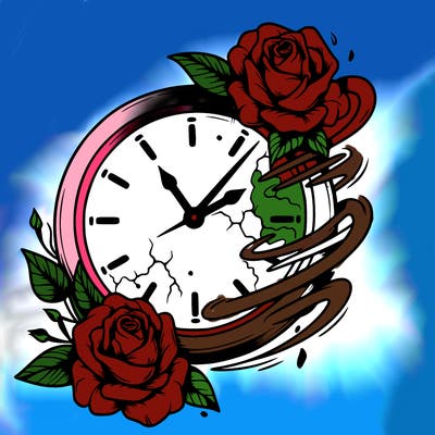 a realistic the clock that appears to be fading away with wilting roses
