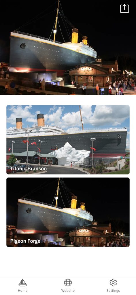 タイタニック博物館アトラクションアプリのホーム画面。ブランソンとピジョンフォージのロケーションのナビゲーションオプションを表示しています。