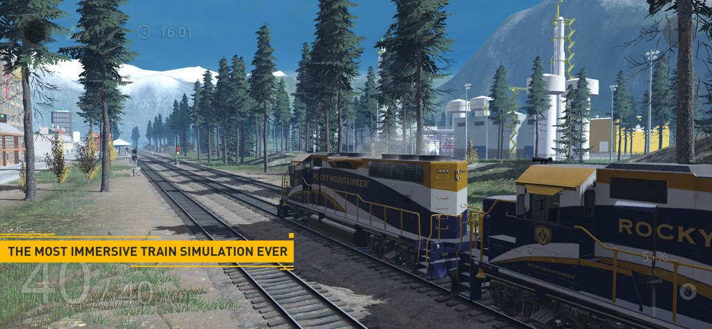 Two Rocky Mountaineer diesel locomotives on parallel tracks with mountains and a factory in the background.