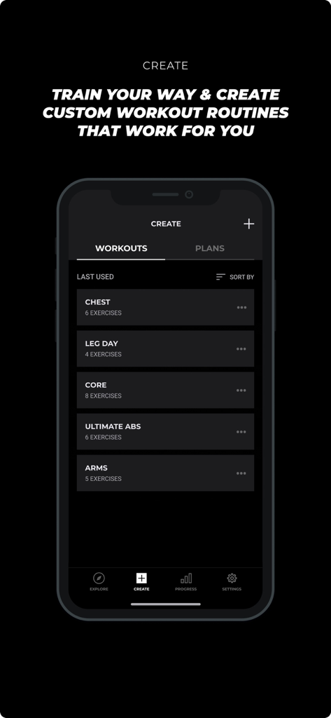 Gymshark app screen for creating and managing custom workout routines like chest and leg day