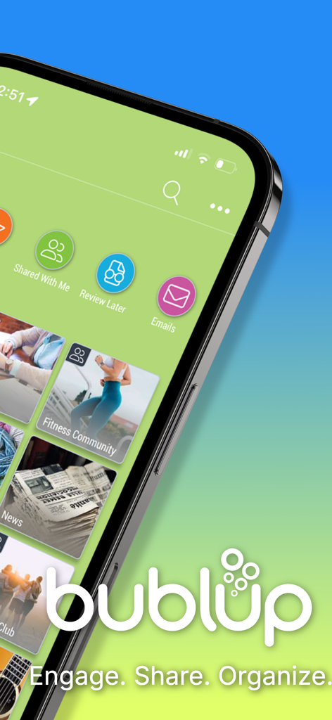 Bublup - Bublup mobile app interface showing a visual grid of folders for fitness community and news with sharing icons