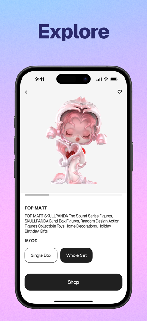 상점 버튼이 있는 분홍색 Pop Mart Skullpanda 수집 피규어를 보여주는 HotBox 앱의 제품 상세 화면