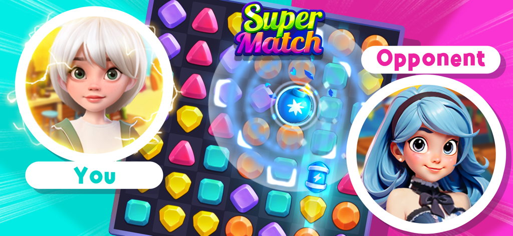 Super Match - PvP Match 3 - Uma batalha competitiva de quebra-cabeça match 3 1v1 entre avatares de dois jogadores.