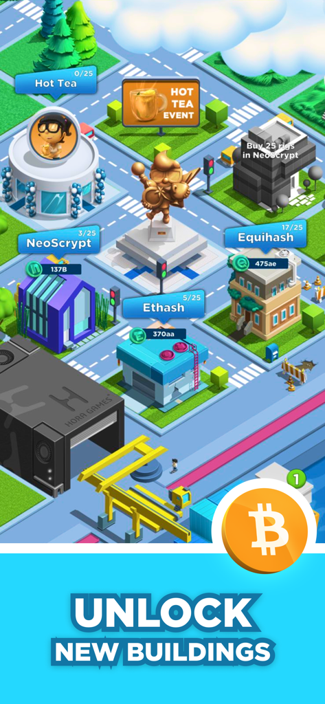 Isometric view of a virtual city with mining buildings in Crypto Miner Bitcoin Factory