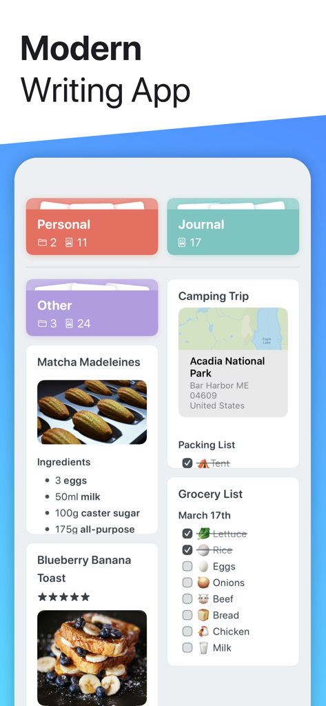 Interfaz de la app Noto mostrando tarjetas organizadas para recetas, diarios y listas de verificación