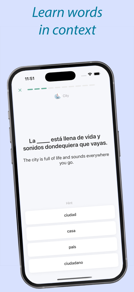 My Words: Vocabulary builder - Spanish language vocabulary exercise screen showing a fill in the blank sentence for contextual learning