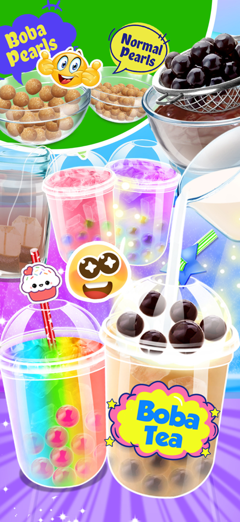Colorida variedad de bebidas de bubble tea caseras con perlas de boba y adorables emojis.