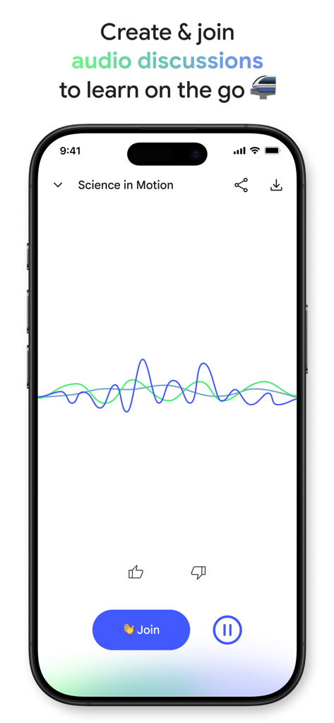 Interfaz de la aplicación Google NotebookLM que muestra una discusión de audio con una forma de onda colorida y un botón para unirse