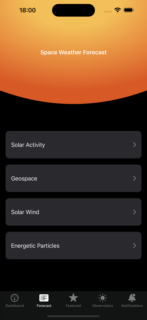 Aurora - Solar Observatory - Space weather forecast menu in the Aurora Solar Observatory app showing solar activity and solar wind categories