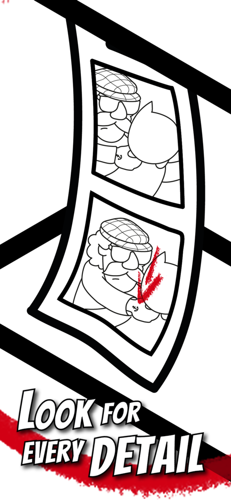 MicroMacro: Downtown Detective - Close up of cartoon suspect photos with a red mark and the text look for every detail