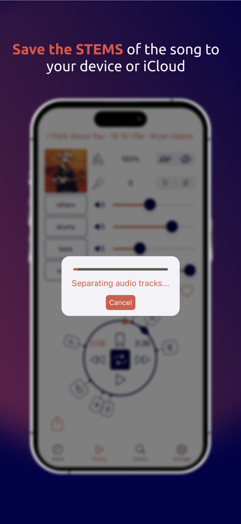 AudioRetune: AI Vocal Remover - Smartphone showing the AudioRetune app separating audio tracks to save stems to a device or iCloud