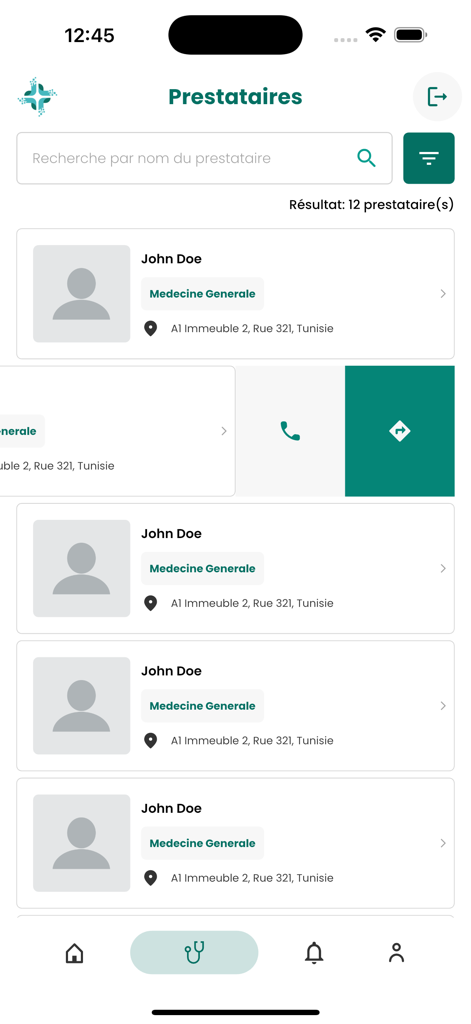 A searchable directory of healthcare providers in the Healio mobile app showing names and specialties.