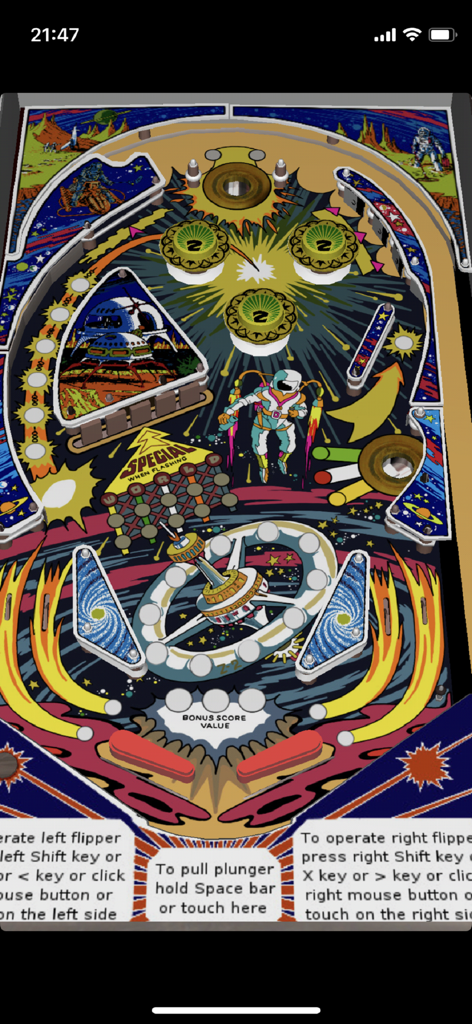Jogo de pinball com tema espacial criado usando BBC Basic.