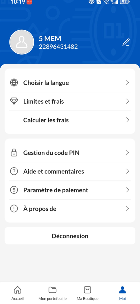Moov Money TG Pro - User profile and account settings screen of the Moov Money TG Pro mobile app in French