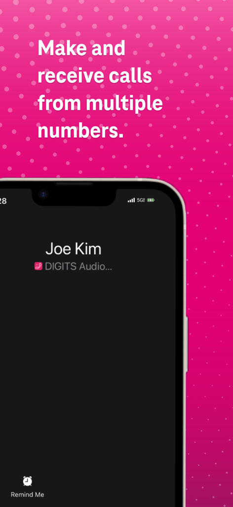 An iPhone displaying an incoming call from Joe Kim on the T-Mobile DIGITS app interface with text about using multiple numbers.