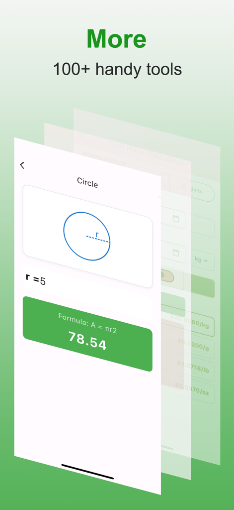 Calculator Box:All-in-one clac - Circle area calculator screen within the Calculator Box app showing geometry formula and result.