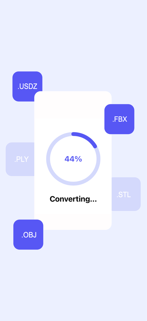 LiDARConvert 3D Data Converter - LiDARConvert app screen displaying the progress of a 3D file conversion with icons for USDZ FBX and OBJ formats
