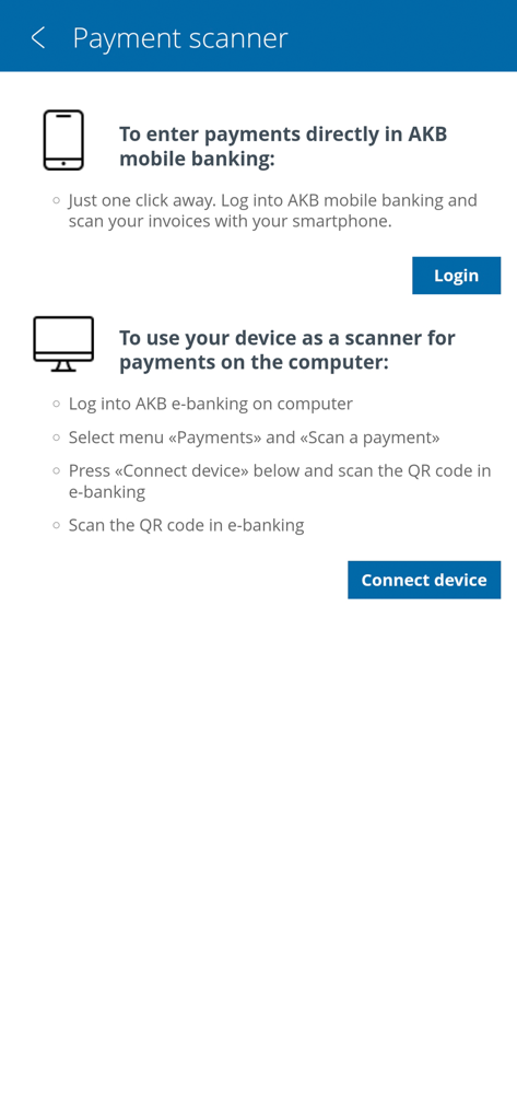 Pantalla del escáner de pagos de la App Móvil AKB mostrando opciones para banca móvil y conexión a ordenador