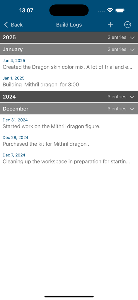 A chronological build log screen in the Model Colors app showing project progress entries for a model figure.