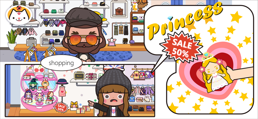 Cartoon characters browsing a clothing store with a sale sign in the Miga Town My Store app.