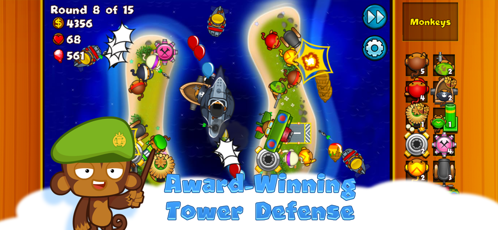 Jugabilidad de defensa de torres en Bloons Monkey City mostrando torres de monos defendiendo un camino contra globos