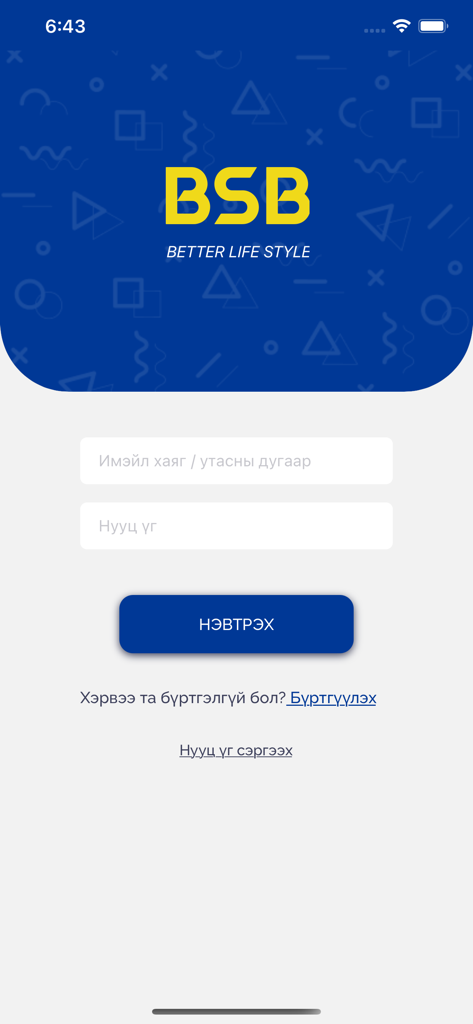 BSB.mn mobile app login screen with brand logo and input fields