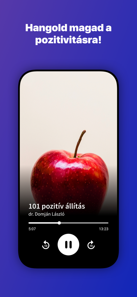 Audio player interface of the Lazits meditation app playing positive affirmations in Hungarian