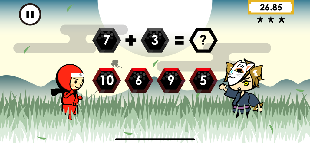 Math Ninjas - Math Ninjas gameplay showing a ninja character and an addition problem 7 plus 3
