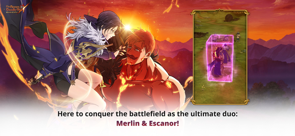 The Seven Deadly Sins - Dúo de personajes de Merlín y Escanor en el RPG de anime para móviles The Seven Deadly Sins Grand Cross