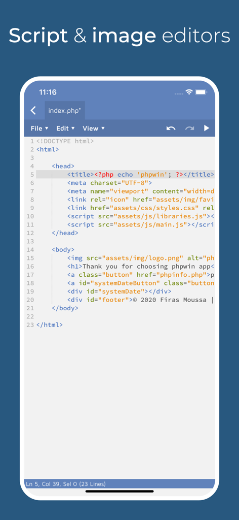 phpwin - A mobile script editor interface in the phpwin app showing PHP and HTML code on an iPhone screen