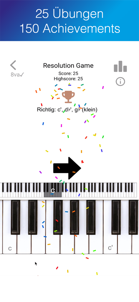 ET - Ear Trainer - Pantalla de logros de la aplicación ET Ear Trainer mostrando un trofeo y confeti sobre un teclado de piano virtual
