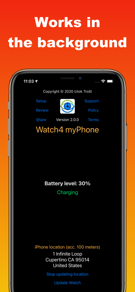 Watch 4 my Phone - Lost Alert - Interfaz de la aplicación Watch 4 my Phone mostrando el nivel de batería del iPhone, el estado de carga y la dirección de la ubicación actual