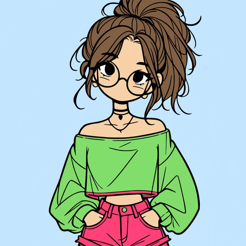 girl with a messy ponytail glasses a baggy crop top and jean shorts