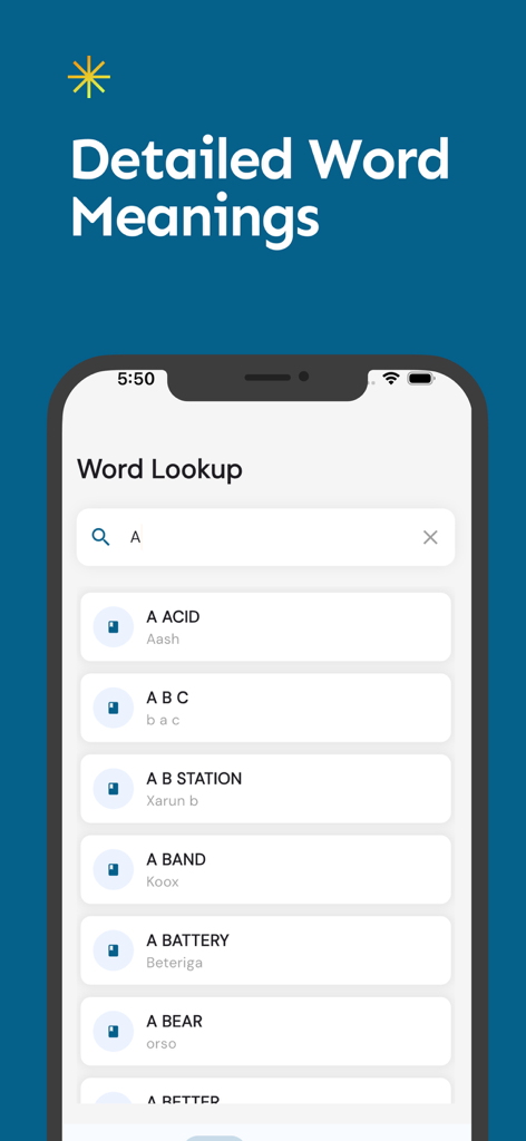 English to Soomaali Translator - English to Soomaali Translator app screen showing a list of English words with their Somali translations