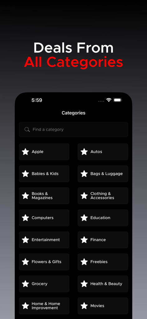 Interface do aplicativo Black Friday Deals mostrando uma grade de categorias de compras como Apple, Bebês e Crianças e Computadores