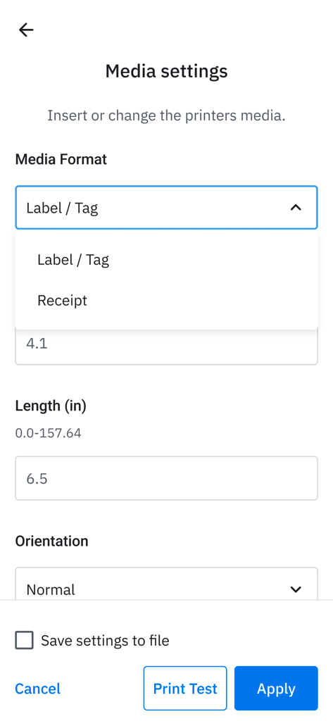 Zebra Printer Setup Utility v3 - Zebra Printer Setup Utility media settings screen with options for label format length and orientation