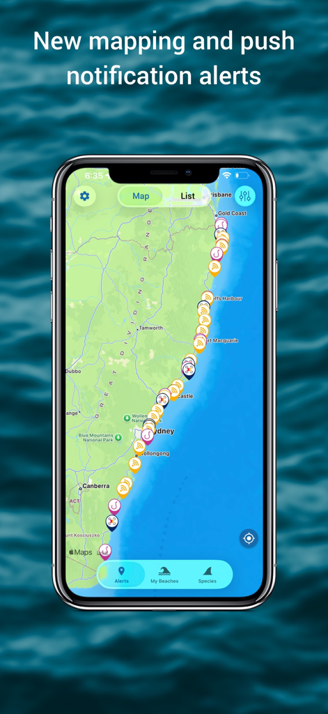 SharkSmart - SharkSmart app interface displaying a coastal map with real-time shark activity notifications and alert icons.