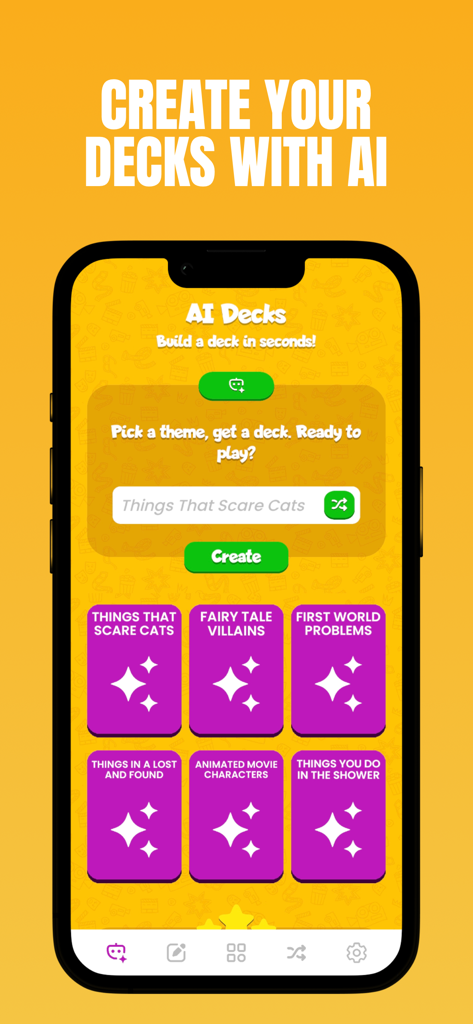 Charades - Guess The Word! - Mobile screen showing the AI custom deck creation feature for Charades Guess The Word