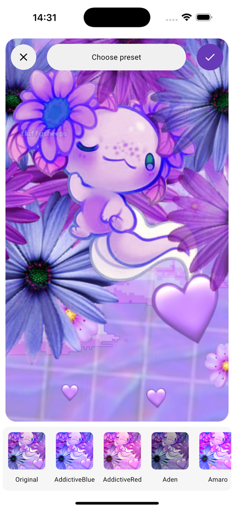 Purple aesthetic axolotl wallpaper with flower and heart design in the editor