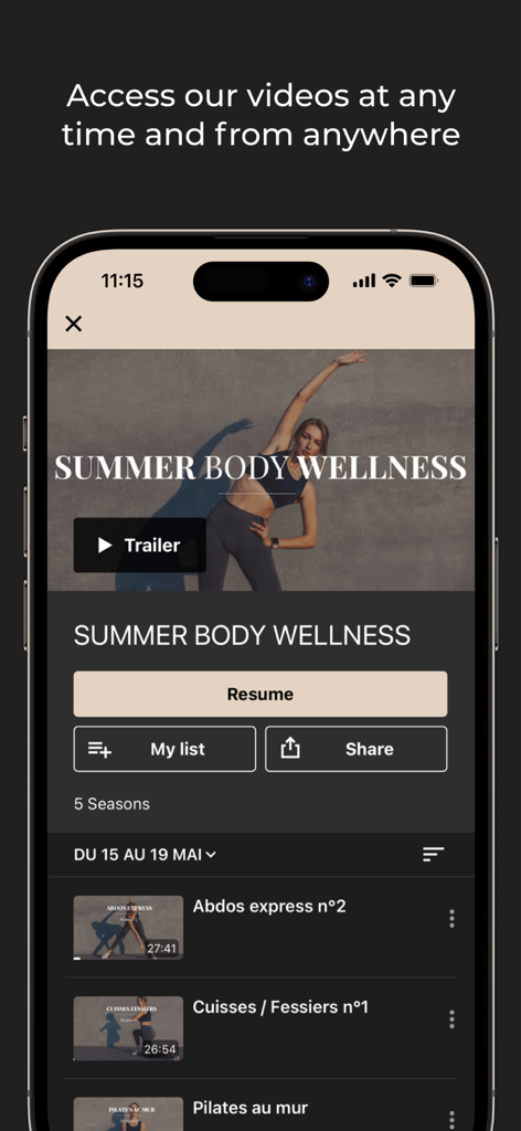 Go my body - Pantalla de iPhone que muestra el programa Summer Body Wellness y una lista de videos de entrenamiento en la aplicación Go my body