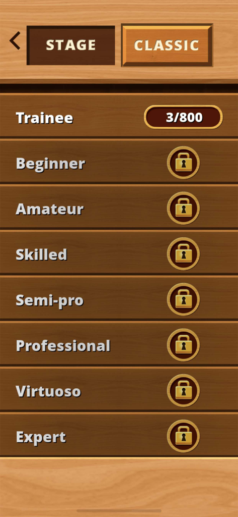 Menu de seleção de nível de dificuldade no aplicativo Unblock Block, mostrando estágios de Estagiário a Especialista